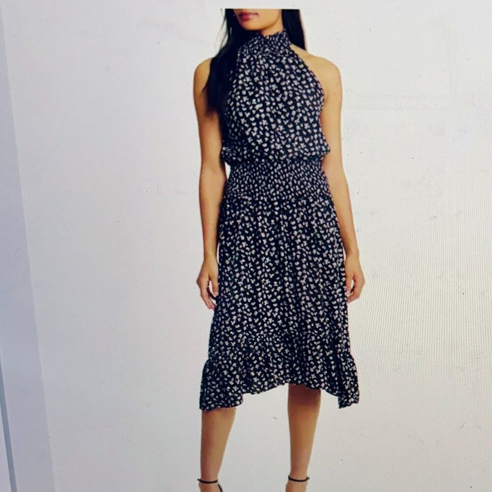 EUC Halogen Floral Smocked Halter Dress XL Black White Maxi Long Sleeveless